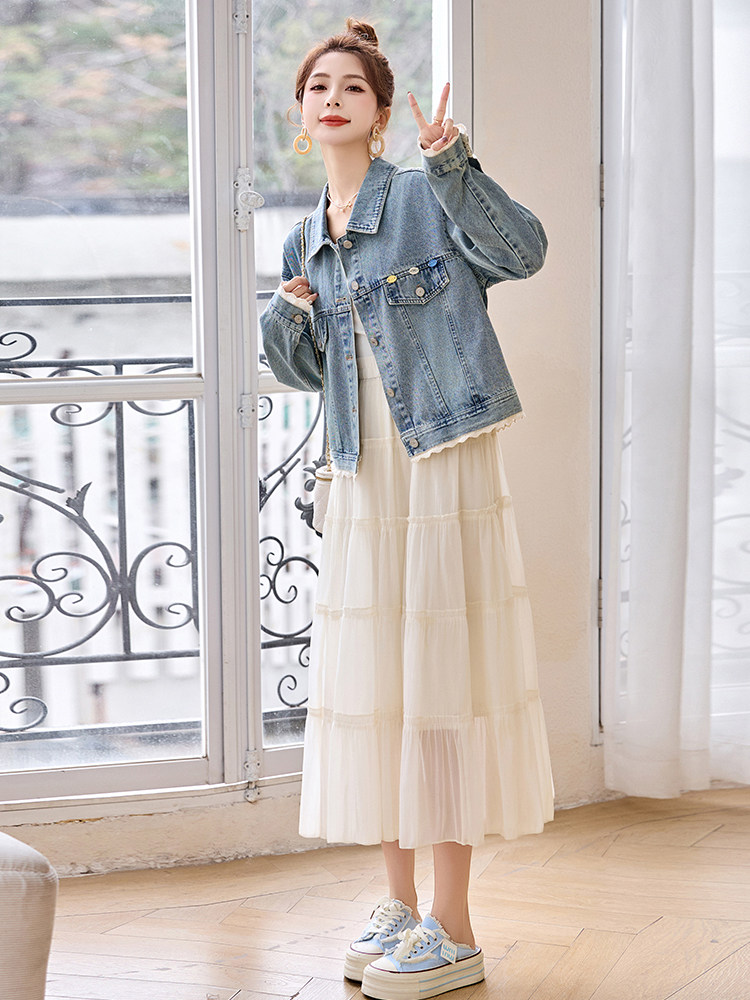 蕾丝拼接牛仔外套女短款2025春季新款时尚气质翻上衣,女装牛仔外套,2B115