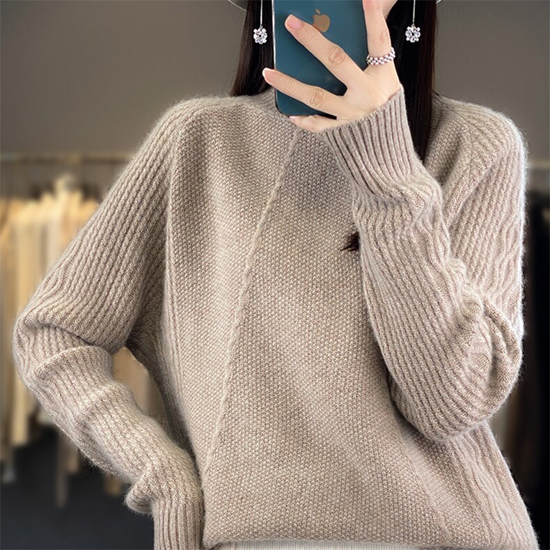 秋冬新款半高领羊毛衫女百搭重磅宽松衫加厚毛衣打底衫,女装羊毛衫,鸿陌羊绒