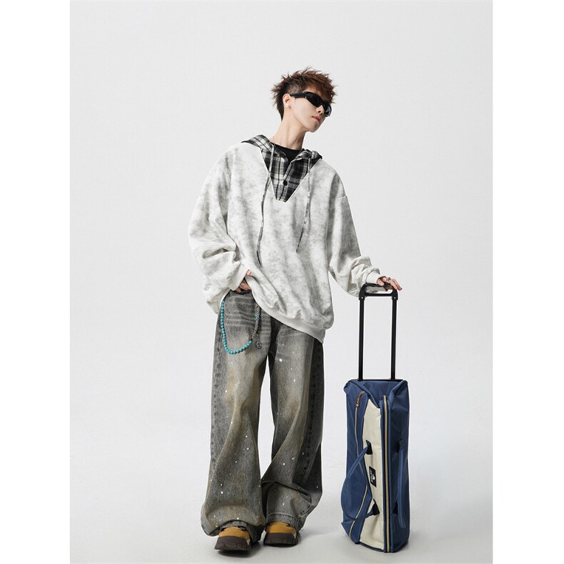 WY10150-特批50控98新款小众撞色拼接格子假两件大帽子卫衣,男装卫衣,电商A059