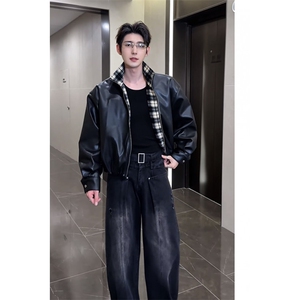秋冬复古格子拼接机车皮衣夹克外套男潮 JK2377-P145（网图）图片