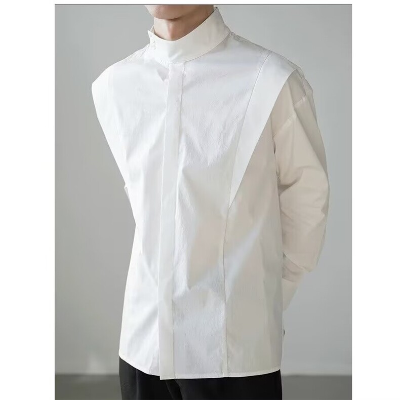新款男宽松潮牌长袖衬衣假两件四季通勤免烫衬衫休闲百搭纯色上衣，男装衬衫，星座506A