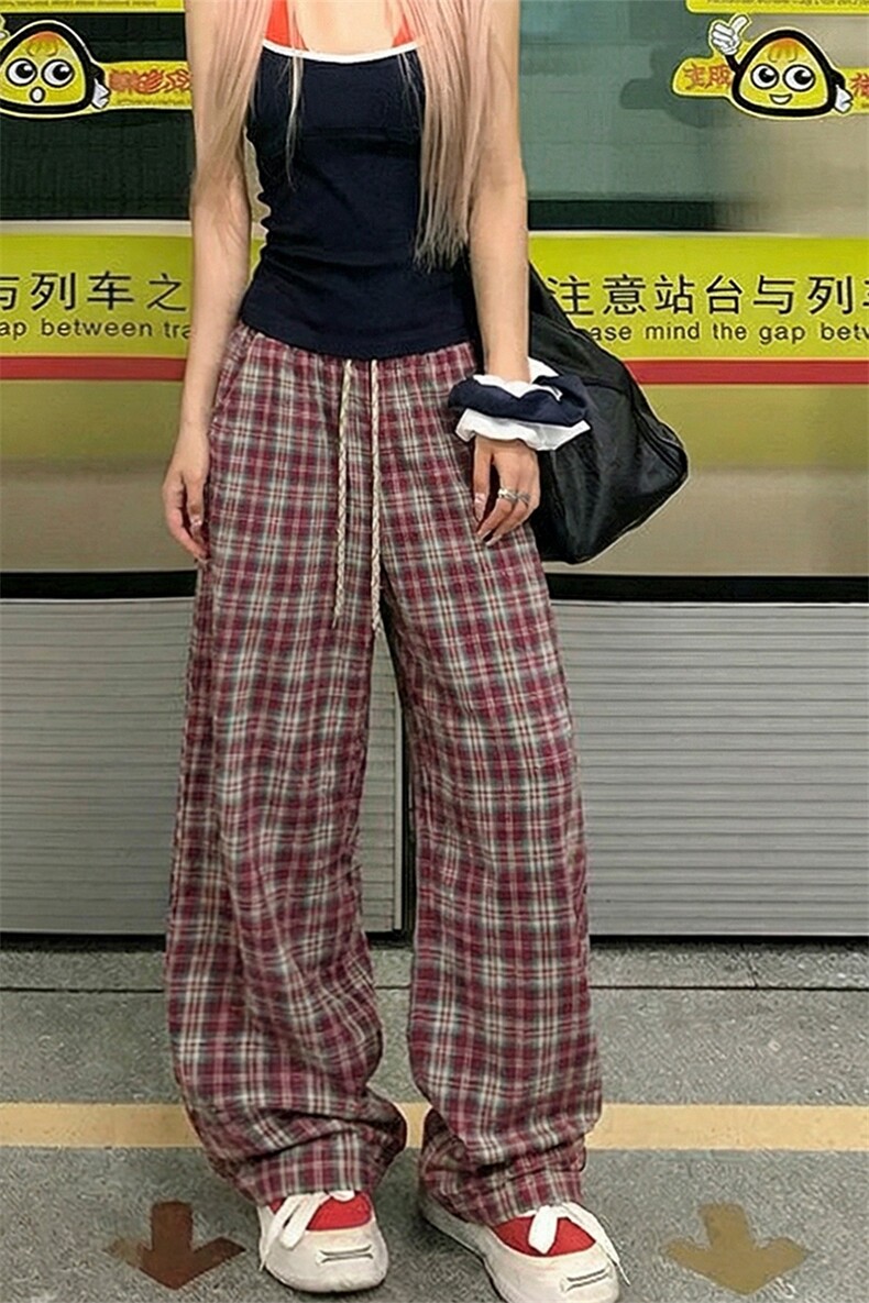 撞色格子休闲裤慵懒风松弛感美式直筒阔腿裤男C62206-TP3059,男装休闲裤,电商A102
