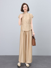 高端棉麻套装女夏季新款大码妈妈洋气质减龄上衣阔腿裤亚麻两件套，女装套装/套裙，雪樱依海