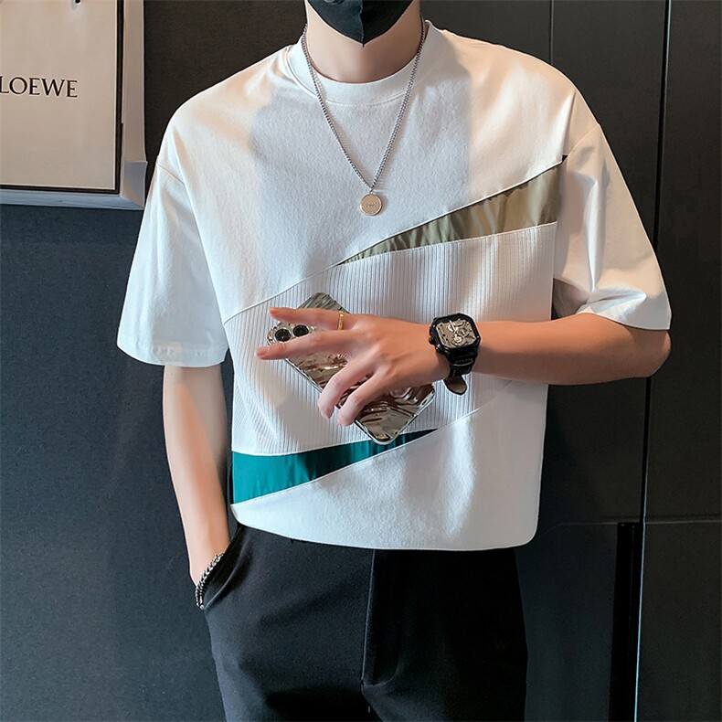 2025新款夏季短袖T恤男设计感潮牌拼接半袖体恤A313-1-K875-P55,男装T恤,电商A313-1