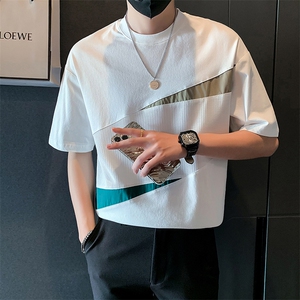 2025新款夏季短袖T恤男设计感潮牌拼接半袖体恤 A313-1-K875-P55图片