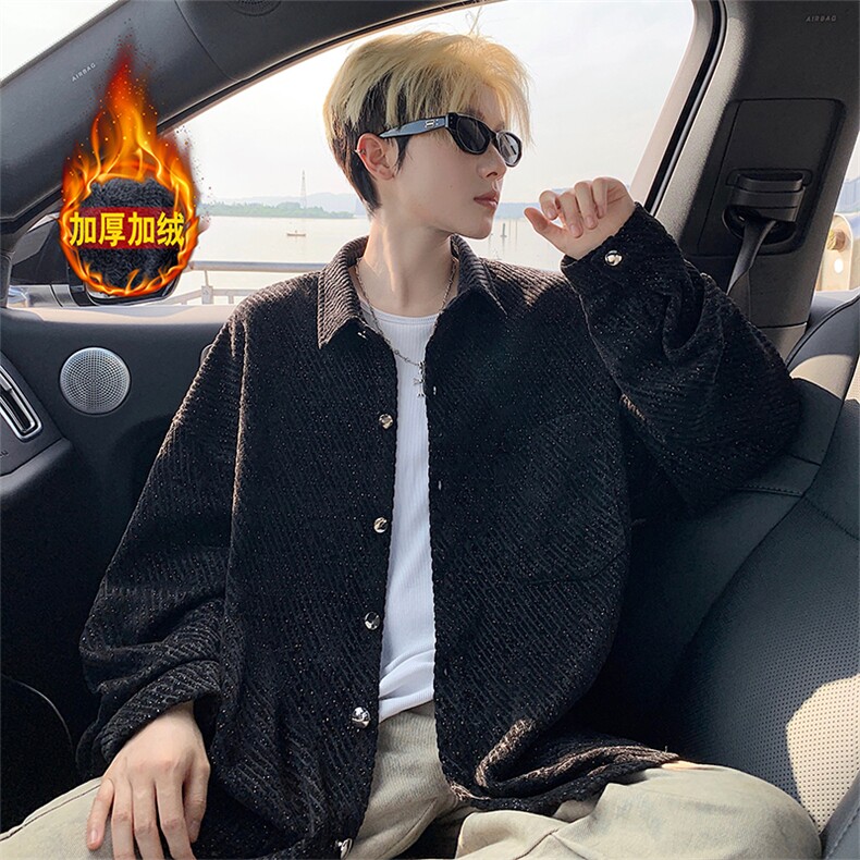 加绒衬衫男冬季新款港风宽松大码加厚小香风长袖衬衣JR70-P49，男装衬衫，星座214-3