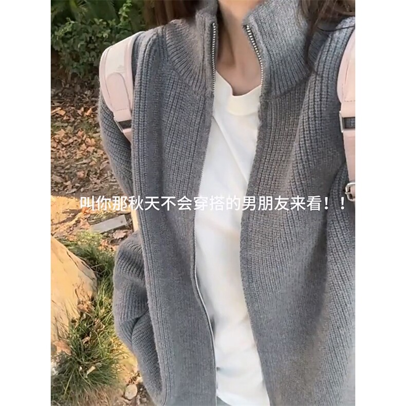 重磅秋冬北极绒双拉链毛衣开衫美式复古休闲慵懒风宽松针织衫外套,男装针织衫/毛衣,电商A486-1