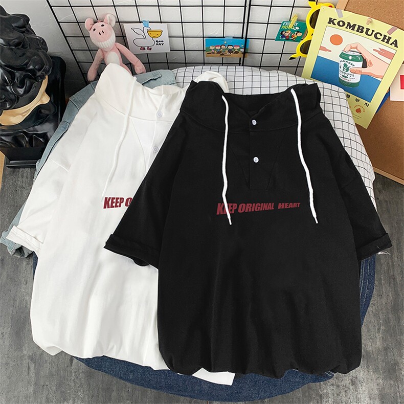 LD54071-P45连帽短袖t恤男大码胖子带帽五分袖中袖,男装T恤,电商A040