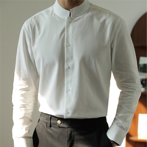 圆领中山装衬衫男士条纹立领衬衣长袖修身商务休闲免烫白衬衣衬衫图片