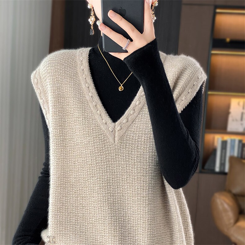100%纯羊毛衫马甲女V领无袖拉绒毛衣背心宽松羊绒衫叠穿坎肩上衣，女装马甲，琳华羊绒