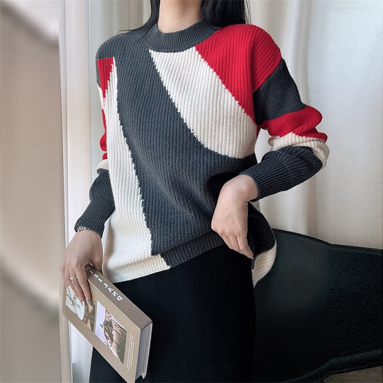 2024秋冬新款羊毛女士元宝针拼色羊毛衫,女装羊毛衫,臻纶羊绒