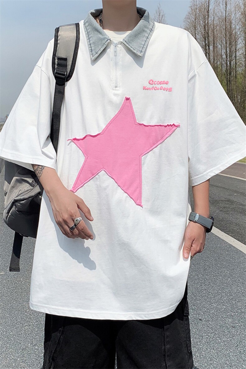 夏季新款港风美式几何通铺刺绣牛仔POLO领短袖T恤ins男ZX440-P28,男装T恤,星座313A(原308A-2)