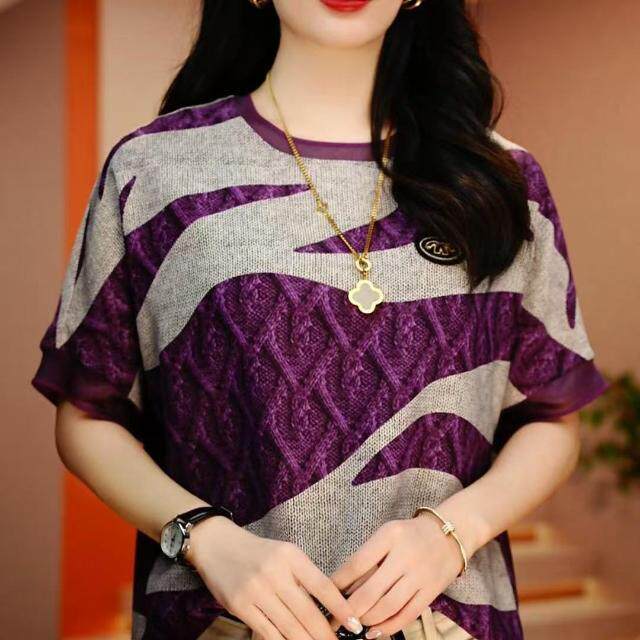 2025百搭简约香奶奶印花宽松半袖,女装T恤,雪兔电商全品类