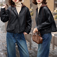 皮衣女款2024冬季加绒酷飒风洋气针织帽减龄穿搭时尚流行短款上衣，女装皮衣，美拉德工厂直营店