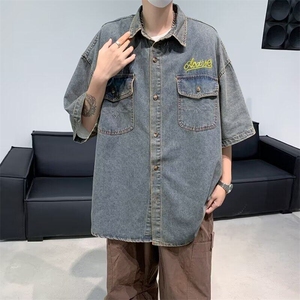 DW067-P55抖音品质牛仔短袖衬衫外套男女夏季新款潮风宽松上衣图片