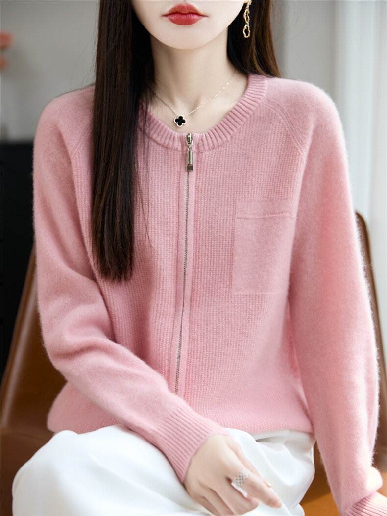 100%纯羊毛衫针织毛衣外套女圆领拉链提花纯色上衣宽松长袖羊绒衫,针织衫/毛衣,忠诺羊绒