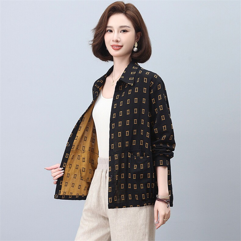 印花衬衫女2024新款春秋长袖中老年妈妈休闲纯棉上衣,女装衬衫,忆绮罗