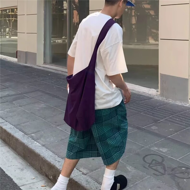 日系街头蓝格子短裤男宽松直筒夏季百搭五分裤子ins美式腿中裤,男装牛仔裤,四季星座505