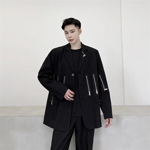 男西服外套走秀款多拉链拼接西装上衣潮A345-170-P135图片