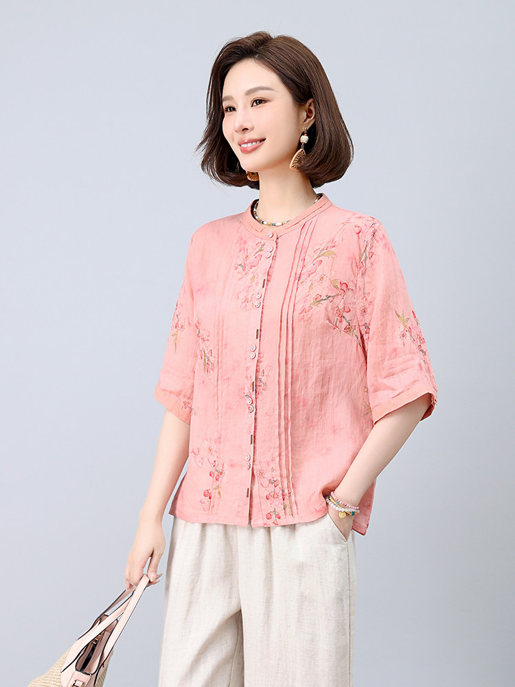 2025夏装新款复古舒适显瘦撞色印花苎麻衬衫轻薄阔腿裤,女装衬衫,凝聚力