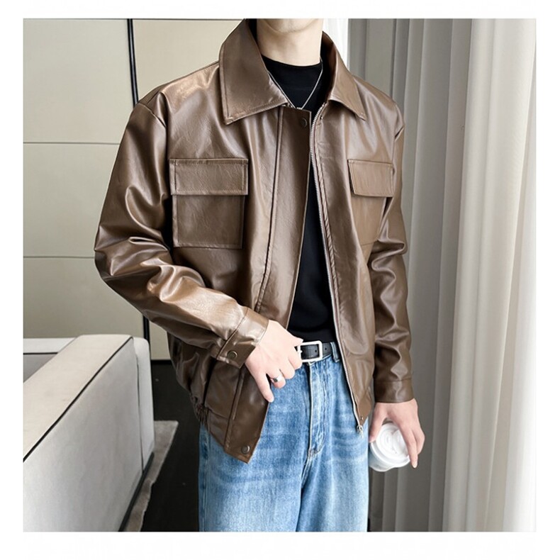 痞帅Pu皮衣小众设计感潮牌双拉链垫肩皮夹克男机车服秋冬高街外套,男装皮衣,星座410-6（原星座1304-1）