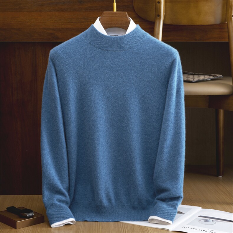 半高领羊绒衫男士简约纯色套头毛衣百搭打底针织衫，男装羊绒套衫，戎美山