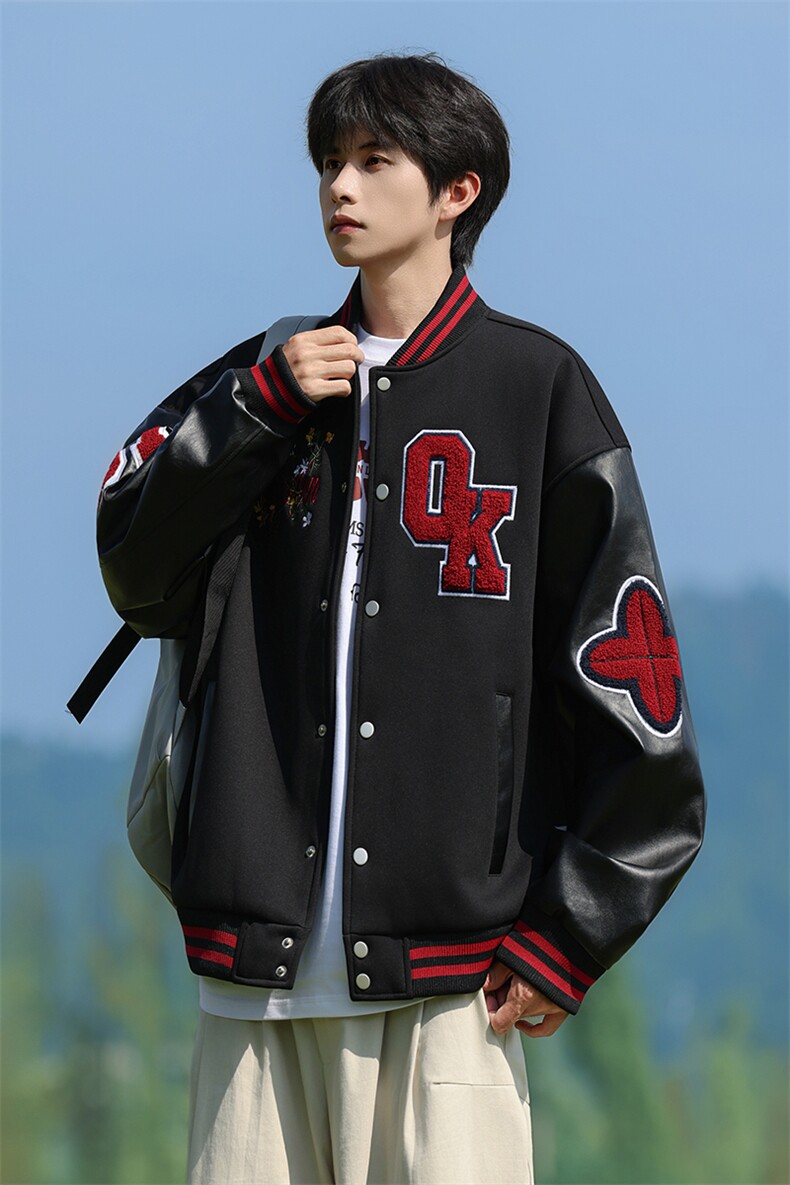 JK5872-P85美式拼接刺绣皮质撞色棒球服飞行员夹克外套控149,男装夹克,星座109