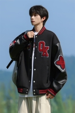 JK5872-P85美式拼接刺绣皮质撞色棒球服飞行员夹克外套控149，男装夹克，星座109