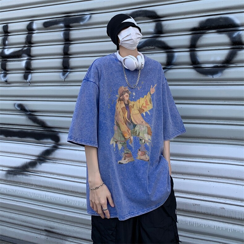 潮牌宽松短袖t恤蜡染美式复古高街水洗做旧517A-2-SX241-P38,男装T恤,星座517A-2