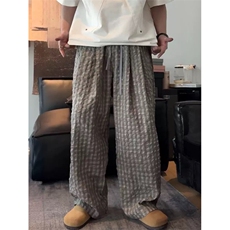 网图有货夏季肌理感泡泡格子裤男女垂感宽松阔腿休闲裤A677-P45，男装休闲裤，星座1505