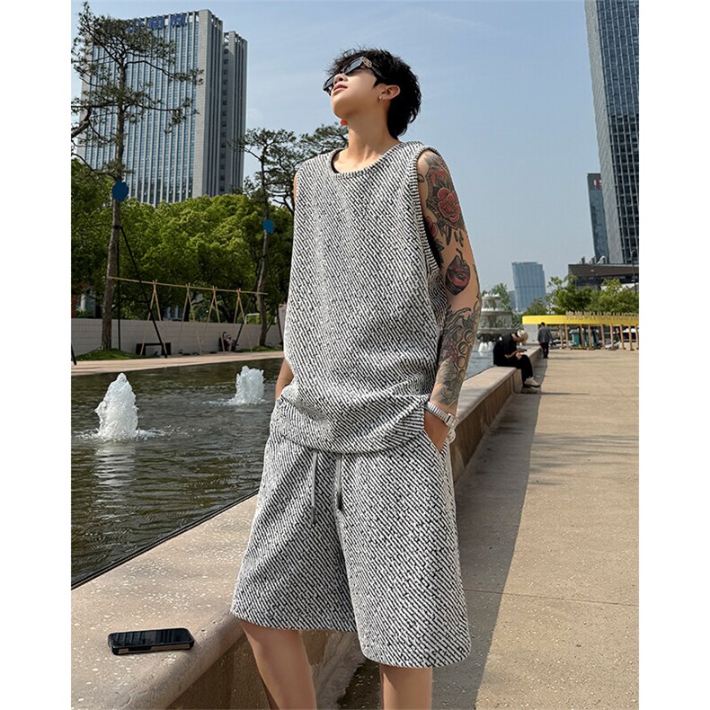 GENIOLAMODE满天星美式无袖坎肩t恤男士夏季薄款宽松情侣运动背心，男装休闲套装，电商A102