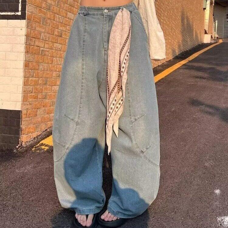 美式复古设计感方巾宽松牛仔弯刀裤男女阔腿拖地裤LN60744-P60,男装牛仔裤,星座1008