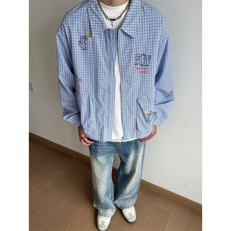 趣味小狗刺绣格子长袖衬衫女甜美百搭宽松高级感休闲衬衣，男装衬衫，星座506A