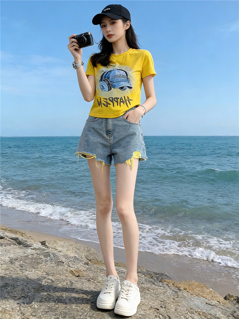 潮流休闲时尚运动套装女夏季新款圆领烫钻印花短袖牛仔短裤两件套,女装套装/套裙,江南