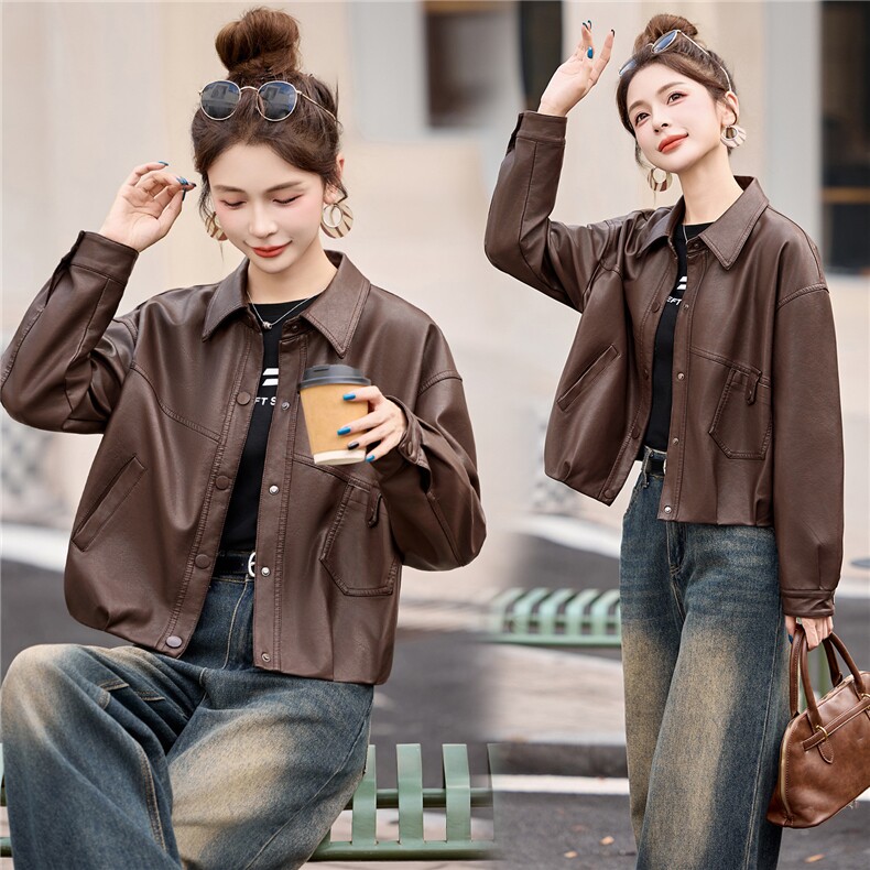 复古咖色短皮衣外套女2025秋季新款时尚翻领宽松休闲pu皮夹克上衣,女装皮衣,梦依缘