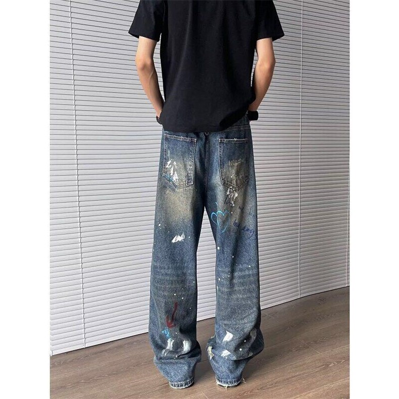 NZP788LL-特P59Cleanfit美式复古涂鸦牛仔裤高街水洗直筒裤,男装牛仔裤,星座1007（原301D）