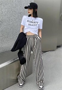 现货 春装新款欧韩货条纹阔腿裤图片