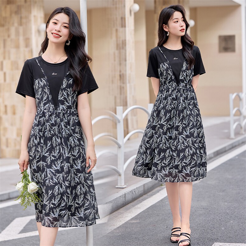 现货2024夏季新款腰间抽绳修身显瘦减龄拼接吊带假两件连衣裙，女装连衣裙，深水步