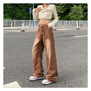 美式高腰阔腿裤女秋设计感宽松直筒显瘦拖地牛仔裤子N0598-P50图片
