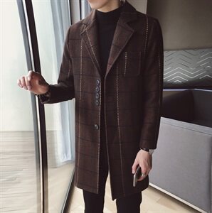 9063 2021男士风衣韩版中长款毛呢大衣男休闲潮流外套图片