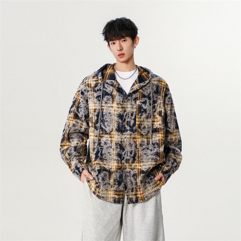 扎染格子连帽衬衫男长袖秋季美式休闲外套衬衣812-CY553-特P45,男装衬衫,星座812