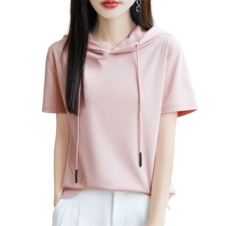 夏季新款简约纯棉帽衫短袖女宽松百搭显瘦时尚休闲上衣,女装T恤,羊秋羊绒