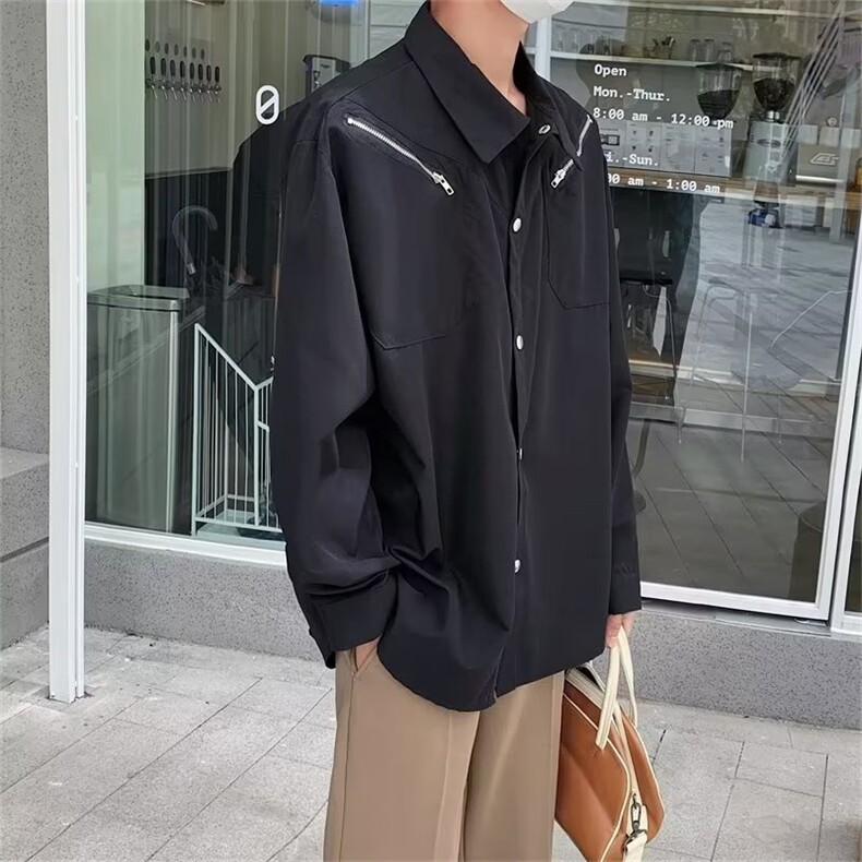 2024夏秋拉链衬衫男女纯色休闲流行设计感垂感宽松白衬衣C658/P48,男装衬衫,星座506