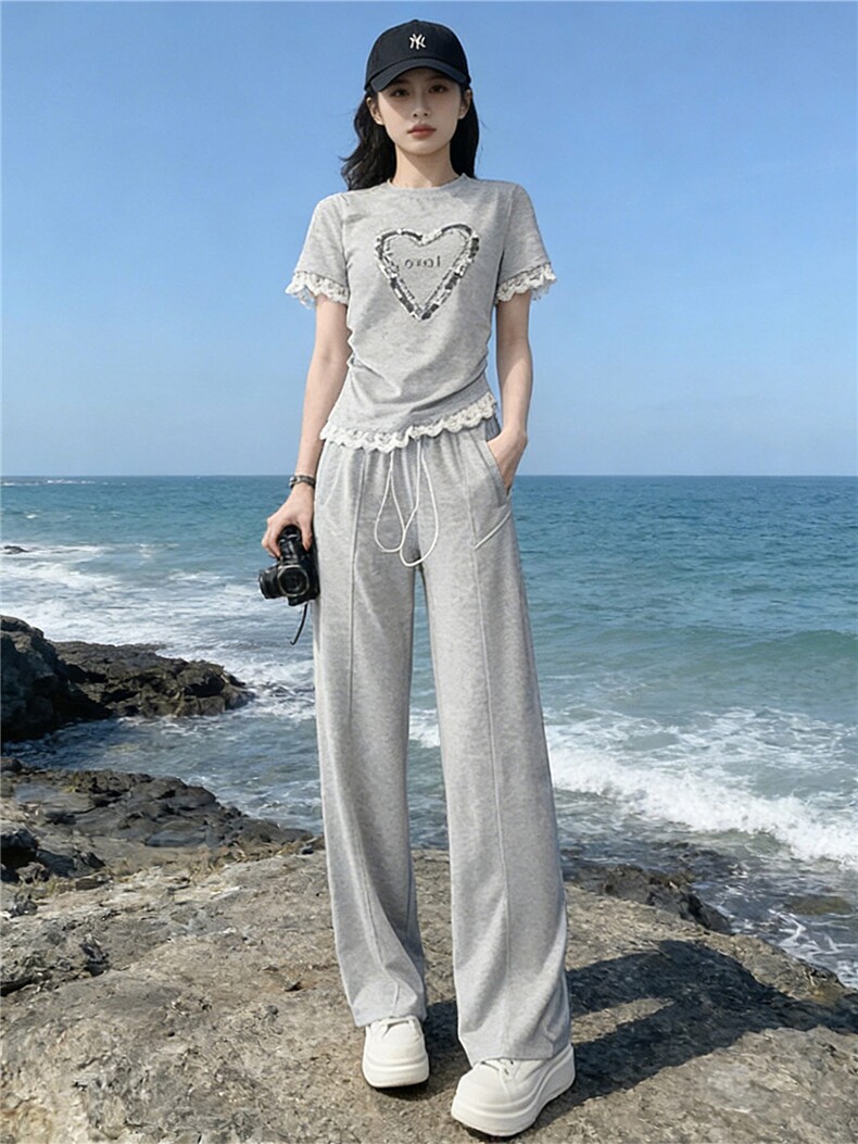 韩版时尚气质套装女夏季新款高级感显瘦短袖上衣宽松阔腿裤两件套,女装套装/套裙,江南