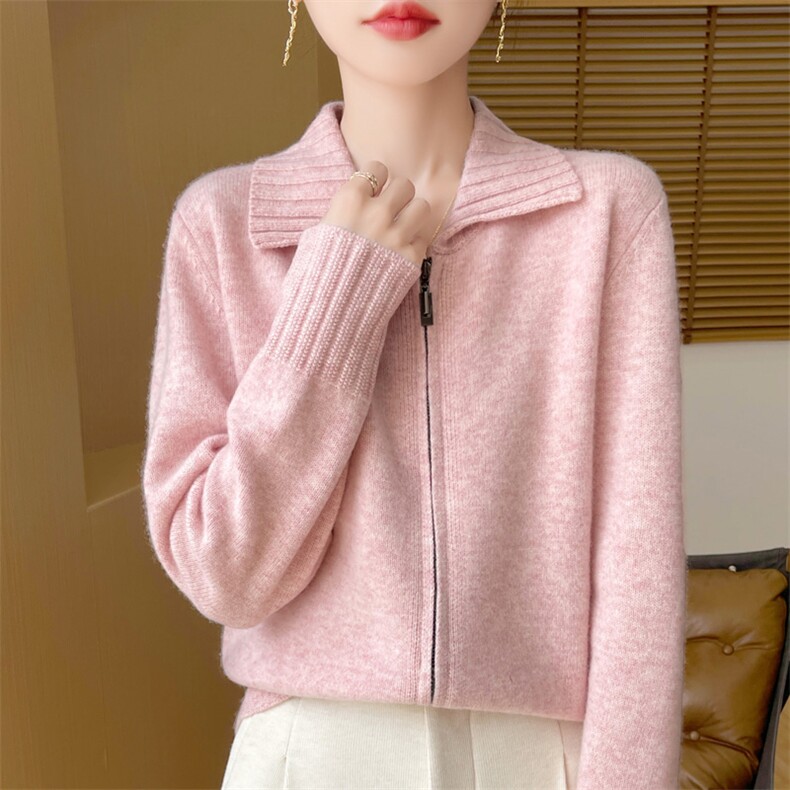秋冬季羊毛休闲百搭时尚POLO领拉链开衫,女装羊毛衫,隆格羊绒