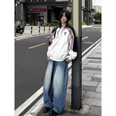 插肩袖条纹开衫卫衣夹克男女款秋季美式运动宽松休闲撞色立领外套，男装夹克，星座506A