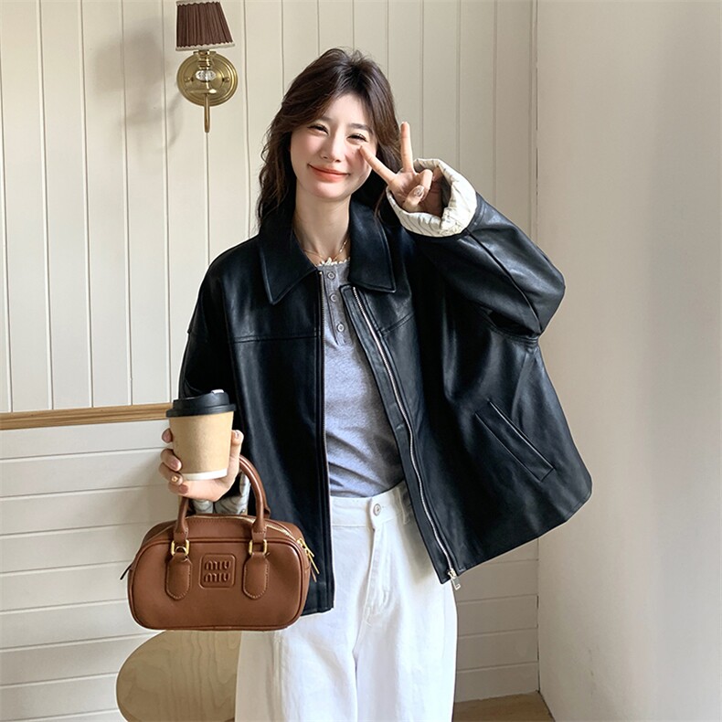 黑色复古短款皮衣外套女2025春季新款高级感休闲翻领pu皮夹克上衣图片
