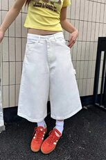 大码美式复古白色阔腿牛仔七分裤女高街直筒宽松显瘦休闲短裤，男装牛仔裤，星座218-1（原230）