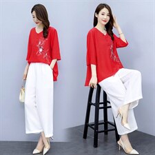 2021夏季新款简约气质圆领宽松休闲舒适时尚图案刺绣棉麻两件套，女装套装/套裙，韩宇舍