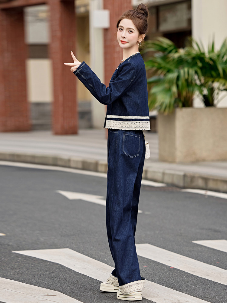 蕾丝拼接牛仔套装女2025春季新款穿搭时尚牛仔外套阔腿长裤两件套,女装套装/套裙,E百度
